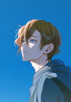 Rule 34 | 1boy, blue eyes, blue jacket, blue sky, bungou stray dogs, clear sky, closed mouth, commentary, hair between eyes, jacket, looking up, male focus, nakahara chuuya (bungou stray dogs), orange hair, pigon, short hair, sky, solo, untranslatable commentary