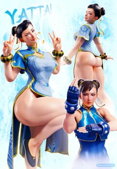 1boy 3d absurdres ass bodysuit bracelet capcom chinese_clothes chun-li earrings fighting_stance fingerless_gloves gloves highres jewelry mika_dawn one_eye_closed slippers street_fighter thick_thighs thighs wink