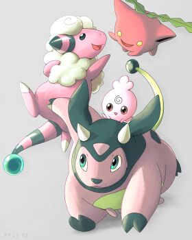:d apus_92 closed_mouth commentary_request flaaffy gen_2_pokemon green_eyes grey_background highres hoppip igglybuff looking_up miltank nintendo no_humans open_mouth pokemon pokemon_(creature) riding riding_pokemon smile tongue yellow_eyes
