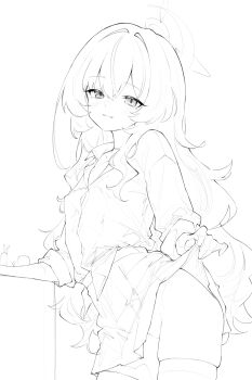 1girl blue_archive closed_mouth clothes_lift from_side greyscale hair_between_eyes halo highres koko_(user_hktv5235) lifting_own_clothes long_hair looking_at_viewer looking_to_the_side monochrome panties professor_niyaniya_(blue_archive) shirt simple_background skirt skirt_lift solo thighhighs underwear very_long_hair white_background