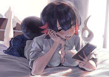 1girl absurdres barefoot bed black_hair breasts colored_inner_hair commentary ellen_joe ellen_joe_(on_campus) feet fins fish_tail highres holding holding_phone indoors large_breasts large_tail looking_at_viewer lying mole mole_under_eye multicolored_hair official_alternate_costume on_bed on_stomach open_mouth phone red_eyes red_hair red_nails scar scar_on_tail shark_girl shark_tail sharp_teeth shirt short_hair skirt solo tail teeth tongue tora_(kumo_sakamoto) upper_teeth_only white_shirt zenless_zone_zero