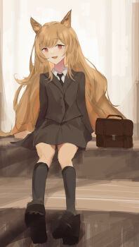 Rule 34 | 1girl, :d, absurdres, alternate costume, animal ears, arknights, bag, black jacket, black necktie, black shoes, black skirt, black socks, briefcase, brown hair, brown jacket, brown skirt, ceobe (arknights), collared shirt, commentary request, dog ears, dog girl, fang, full body, highres, jacket, kneehighs, long hair, long sleeves, looking at viewer, necktie, open mouth, red eyes, school uniform, shirt, shizuyumemi, shoes, sitting, skirt, smile, socks, solo, very long hair, white shirt