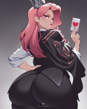 1girl ace_(playing_card) ace_of_hearts artist_name ass black_pants card character_request closed_mouth collared_shirt commentary copyright_request crown english_commentary flipherrrr from_behind gradient_background grey_background hand_on_own_hip heart highres holding holding_card long_hair long_sleeves looking_at_viewer looking_back pants pink_eyes pink_hair playing_card red_lips shirt simple_background sleeves_rolled_up solo white_shirt