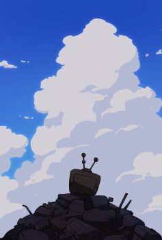 ant_tenna blue_sky chair cloud crt deltarune drawer highres no_humans objectification oimo64 outdoors pile_of_trash sky television trash_bag trash_can utdr_(toby_fox)