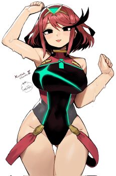 1girl alternate_eye_color black_eyes black_one-piece_swimsuit bob_cut breasts chest_jewel commentary copyright_name core_crystal_(xenoblade) cowboy_shot english_commentary gem green_gemstone hands_up highres large_breasts looking_at_viewer lunchiblz official_alternate_costume one-piece_swimsuit open_mouth pyra_(pro_swimmer)_(xenoblade) pyra_(xenoblade) red_hair short_hair sidelocks simple_background smile solo swimsuit tiara wet white_background xenoblade_chronicles_(series) xenoblade_chronicles_2