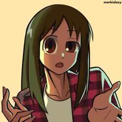 Rule 34 | 1girl, artist name, azumanga daiou, black hair, brown eyes, commentary, cosplay, english commentary, fingernails, grand theft auto, grand theft auto: san andreas, highres, kasuga ayumu, long hair, looking at viewer, markislazy, medium bangs, open clothes, open mouth, open shirt, parody, plaid, plaid shirt, red shirt, shirt, sidelocks, solo, the truth, the truth (cosplay), undershirt, uneven eyes, upper body, white shirt, yellow background