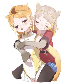 Rule 34 | 2girls, animal ears, bare shoulders, belt, black belt, black pantyhose, blonde hair, blue skirt, blush, brown eyes, brown gloves, carrying, circlet, closed eyes, collared shirt, cowboy shot, elbow gloves, extra ears, fingerless gloves, gloves, gold trim, golden snub-nosed monkey (kemono friends), gradient gloves, gradient hair, grey gloves, grey hair, high collar, highres, jacket, kemono friends, leotard, monkey ears, monkey girl, monkey tail, multicolored hair, multicolored leotard, multiple girls, necktie, orange gloves, orange hair, pantyhose, piggyback, plaid clothes, plaid skirt, pleated skirt, red jacket, sarutori, shirt, short hair, short sleeves, showgirl skirt, sidelocks, skirt, sleeveless, smile, son goku (kemono friends), tail, two-tone leotard, white leotard, white shirt, white skirt, yellow gloves, yellow leotard, yellow necktie