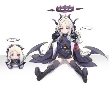 ... 1boy 1girl ahoge aiguillette ariko_(aaaaarik) armband bare_hips belt black_belt black_boots black_coat black_fur black_gloves black_halo black_pants black_skirt black_suit black_thighhighs blue_archive blush boots breasts closed_mouth coat coat_on_shoulders demon_girl demon_horns demon_tail demon_wings double-parted_bangs formal_clothes full_body fumo_(doll) fur-trimmed_coat fur_trim gloves hair_ornament hairpin halo hand_on_ground highres hina_(blue_archive) horns long_coat long_hair long_sidelocks looking_at_viewer low_wings multicolored_coat overcoat panties pants pantyshot pencil_skirt purple_eyes purple_halo red_armband shirt sidelocks sitting skirt small_breasts solo speech_bubble spread_legs stuffed_toy suit tail thighhighs underwear very_long_hair white_coat white_hair white_panties wings