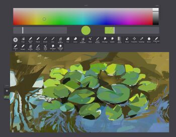 art_program_in_frame commentary english_commentary from_above highres junbuug landscape lily_pad nature no_humans original pond reflective_surface scenery screencap shore