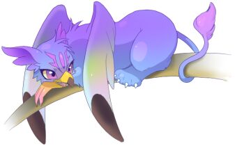 animal_focus beak branch claws colored_sclera commentary_request creature creature_focus full_body griffin no_humans original pink_eyes purple_fur simple_background sitting solo suppainu tachi-e white_background yellow_sclera