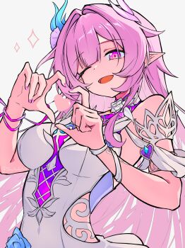 1girl absurdres bare_shoulders breasts commentary cyrene_(honkai:_star_rail) cyrene_(ripples_of_past_reverie)_(honkai:_star_rail) dress fingernails hair_intakes hair_ornament hands_up hashtag-only_commentary heart heart_hands highres honkai:_star_rail honkai_(series) large_breasts long_hair nail_polish one_eye_closed open_mouth pink_hair pink_nails pointy_ears shockwhite3 sidelocks simple_background smile solo upper_body white_background white_dress