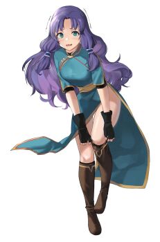 1girl black_gloves commission cosplay dress female_focus fingerless_gloves fire_emblem fire_emblem:_the_blazing_blade florina_(fire_emblem) full_body gloves green_eyes highres j@ck long_hair lyn_(fire_emblem) lyn_(fire_emblem)_(cosplay) nintendo open_mouth purple_hair short_sleeves simple_background solo white_background