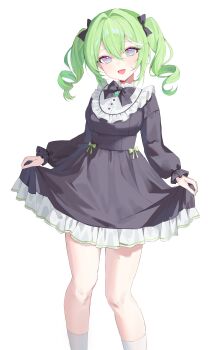 1girl :d absurdres bib_collar black_bow black_bowtie black_dress bow bowtie brooch collar collared_dress commentary double-parted_bangs dress drill_hair feet_out_of_frame frilled_collar frills green_hair hair_bow highres jewelry long_sleeves looking_at_viewer multicolored_eyes multicolored_hair open_mouth ri_yonn short_dress simple_background skirt_hold smile socks solo standing stellive streaked_hair symbol-only_commentary twin_drills twintails two-tone_eyes virtual_youtuber white_background white_collar white_socks yuzuha_riko