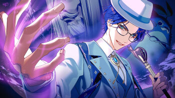 1boy aqua_eyes blue_gemstone blue_hair blue_vest brooch buttons cane collared_shirt commentary_request creature dress_shirt fingernails gem glasses grin hand_up hat highres holding holding_cane jacket jewelry lapels leos_vincent light_particles long_sleeves looking_at_viewer magic male_focus manomenou nijisanji open_clothes open_hand open_jacket parted_bangs parted_lips shirt short_hair smile solo teeth upper_body vest virtual_youtuber white_hat white_jacket white_shirt