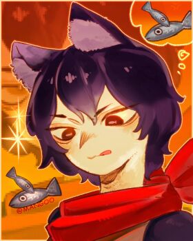 1girl animal_ears black_eyes black_hair cat_ears cat_girl dungeon_meshi fish highres hungry image_in_thought_bubble mangoo099 red_scarf scarf short_hair solo sparkle speech_bubble symbol-shaped_pupils thought_bubble tongue tongue_out