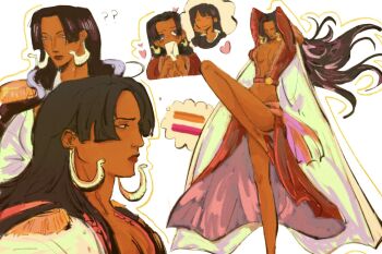 Rule 34 | 1girl, 2025, black hair, boa hancock, cape, commentary, dark-skinned female, dark skin, earrings, english commentary, epaulettes, floating hair, gold earrings, head rest, heart, high heels, highres, holding, holding letter, jewelry, kidlawz, leg up, lesbian flag, letter, long hair, long legs, multiple views, nico robin, nico robin (water 7), one piece, plunging neckline, red shoes, red skirt, shoes, sidelocks, skirt, snake earrings, speech bubble, thought bubble, white cape