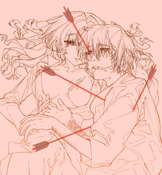 1boy 1girl arrow_(projectile) arrow_in_body arrow_in_head bags_under_eyes bleeding blood blood_from_mouth blood_on_chest bottomless breasts breasts_apart chinese_commentary commentary_request cum cum_on_body hair_over_eyes hair_spread_out hand_on_another's_head highres hitomi_hirosuke_(sayonara_wo_oshiete) holding_hands injury interlocked_fingers large_breasts long_hair looking_at_another lying monochrome multiple_scars object_through_head on_side open_clothes open_shirt out-of-frame_censoring pink_theme robe sayonara_wo_oshiete scar scar_on_arm self-harm_scar short_hair simple_background spot_color ueno_koyori upper_body yanquan_shui_bu_xing