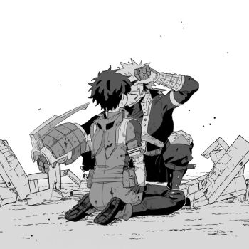 2boys arm_up bakugou_katsuki blood blood_on_face boku_no_hero_academia boots closed_eyes commentary cuts debris dirty dirty_clothes eye_mask greyscale hood hood_down injury kiss knee_pads labhu long_sleeves male_focus mask mask_lift midoriya_izuku monochrome multiple_boys sitting superhero_costume wariza white_background yaoi