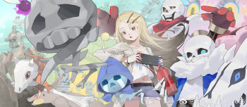 1girl belt black_belt bracelet building character_request crossover cubone danbaofan_omuless gakuen_idolmaster gen_1_pokemon highres idolmaster jewelry long_hair navel nintendo nintendo_switch open_mouth orange_eyes pokemon sans_(undertale) shinosawa_hiro shirt skeleton standing the_binding_of_isaac the_legend_of_zelda undertale utdr_(toby_fox) white_hair white_shirt