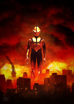 Rule 34 | 1boy, absurdres, alien, apocalypse, arms at sides, black skin, building, city, cityscape, collarbone, colored skin, commentary, compound eyes, destruction, dorsal fin, explosion, explosion background, feet out of frame, figure (medium), giant, giant male, glowing, glowing eyes, gold skin, highres, ito nobuhiko, looking at viewer, male focus, multicolored skin, no pupils, nuclear explosion, outdoors, pectorals, photo (medium), photoshop (medium), ruins, shin ultraman, skyscraper, solo, standing, straight-on, tokusatsu, tokyo tower, toned, toned male, tower, two-tone skin, ultra series, white eyes, zoffy (shin)