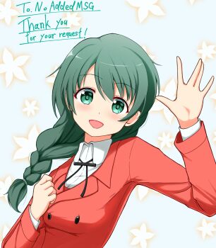 Rule 34 | 1girl, :d, \||/, bolo tie, braid, clenched hand, collared shirt, commentary request, commission, double breast sucking, english text, floral print, green eyes, green hair, hair over shoulder, hair tie, hand up, hidamari sketch, highres, jacket, layered sleeves, light blush, long hair, long sleeves, looking at viewer, maxima sakuya, natsume (hidamari sketch), open hand, open mouth, red jacket, school uniform, shirt, simple background, single braid, skeb commission, smile, solo, tareme, thank you, waving, white background, white shirt, yamabuki high school uniform