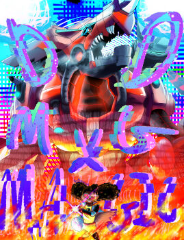 Rule 34 | absurdres, binary, black hair, cannon, chaosdramon, crossover, digimon, digimon (creature), digivice, fire, goggles, highres, looking at viewer, lunella lafayette, marvel, moon girl and devil dinosaur, open mouth, resting knight, robot, sharp teeth, smile, teeth, wireframe