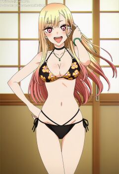 1girl :d artist_name bad_source bikini black_bikini black_choker choker cowboy_shot gradient_hair highres kairart kitagawa_marin long_hair multicolored_hair open_mouth patreon_username smile solo sono_bisque_doll_wa_koi_wo_suru standing swimsuit third-party_edit