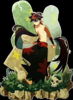Rule 34 | 1boy, black eyes, black hair, black hakama, commentary request, detached sleeves, faux figurine, full body, grass, hair between eyes, hakama, hakama skirt, hakka oishie, highres, japanese clothes, katanagatari, leaf print, long hair, looking at viewer, low ponytail, male focus, maple leaf hair ornament, maple leaf print, ponytail, print hakama, rabbit statue, red sleeves, sandals, skirt, skull, solo, standing, statue, very long hair, yasuri shichika