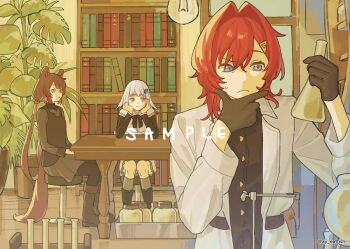 3girls aji_(eatfishfly) alternate_costume ange_katrina animal_ears ankle_boots black_bow black_bowtie black_gloves black_pantyhose black_shirt black_sleeves blue_eyes bookshelf boots bow bowtie brown_boots brown_hair brown_tail closed_mouth coat commentary dog_ears dog_girl dog_tail dot_nose dress elbow_rest erlenmeyer_flask flask frown glass_jar gloves grey_dress grey_gloves grey_socks hair_intakes hair_ornament hand_on_own_chin hands_on_lap hands_on_own_cheeks hands_on_own_face hands_up head_rest heterochromia highres holding holding_flask indoors inui_toko lab_coat lapels light_bulb lize_helesta long_hair long_sleeves looking_at_another looking_at_object low_twintails medium_hair multicolored_eyes multiple_girls nijisanji notched_lapels official_alternate_costume page_of_lambda pantyhose plant potted_plant purple_eyes red_eyes red_hair retort_stand sample_watermark sanbaka_(nijisanji) shirt short_dress smile socks stool sweatdrop symbol-only_commentary table tail test_tube thinking triangle_hair_ornament twintails twitter_username two-tone_eyes very_long_hair virtual_youtuber watermark white_coat white_dress white_hair wooden_table yellow_eyes