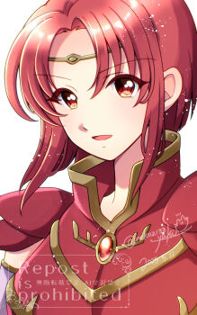 1girl :d armor artist_name breastplate circlet fire_emblem fire_emblem:_the_binding_blade highres looking_at_viewer melady_(fire_emblem) nintendo no_(yuki) open_mouth pauldrons red_armor red_eyes red_hair short_hair shoulder_armor smile solo upper_body