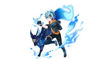 1boy blue_eyes blue_hair creature fingerless_gloves gloves green_hair headphones honkai:_nexus_anima honkai_(series) hua_(honkai:_nexus_anima) jacket male_focus multicolored_hair official_art pants shoes simple_background tagme