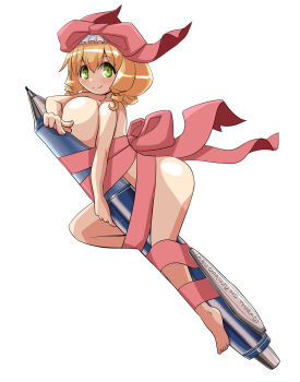 1girl alternate_breast_size_(larger) ass blonde_hair blush bow breasts closed_mouth commentary_request drill_hair full_body green_eyes hair_bow highres hinaichigo itini-sanshi large_breasts looking_at_viewer medium_hair naked_ribbon oversized_object pen pink_bow quad_drills ribbon rozen_maiden simple_background smile solo white_background