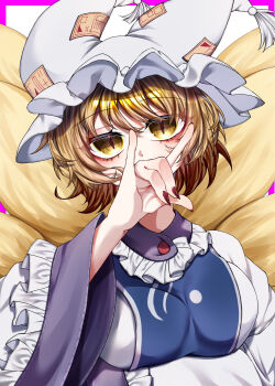 1girl arm_under_breasts blonde_hair blue_tabard breasts commentary_request dress fat fingernails fox_girl fox_shadow_puppet fox_tail frills hand_up highres kitsune kyuubi large_breasts long_sleeves looking_at_viewer multiple_tails nail_polish red_nails sharp_fingernails shigure._(tennensui) short_hair slit_pupils solo tabard tail touhou upper_body white_dress yakumo_ran yellow_eyes