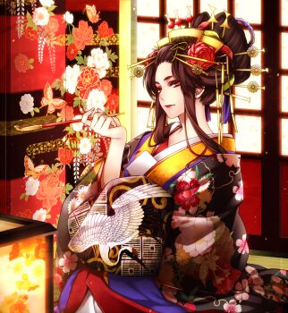 Rule 34 | 1girl, black hair, closed mouth, commentary, fingernails, flower, hair flower, hair ornament, hair rings, hair stick, hand up, japanese clothes, kanzashi, kasai iori, kimono, kiseru, layered clothes, long sidelocks, looking at viewer, makeup, nihongami, oiran, original, red eyes, revision, sidelocks, smoking pipe, untranslatable commentary, wide sleeves