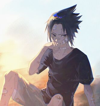 Rule 34 | 1boy, amaoto250529, bandaid, bandaid on arm, bandaid on face, bandaid on forehead, bandaid on knee, bandaid on leg, bandaid on neck, bandaid on nose, black eyes, black shirt, commentary request, dirty, dirty clothes, dirty face, feet out of frame, furrowed brow, highres, male focus, naruto (series), parted bangs, red pupils, shirt, short hair, shorts, sitting, solo, t-shirt, uchiha sasuke, white shorts, wiping mouth