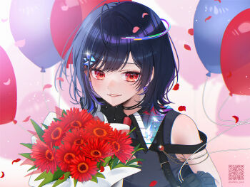1girl ahoge amane_sekai armpit_crease balloon bare_shoulders black_gloves black_straps blue_hair bouquet collared_shirt color_creators flower gloves highres holding holding_bouquet looking_at_viewer medium_hair parted_lips petals portrait red_eyes shirt swept_bangs virtual_youtuber yuuyu_(moco20111115)