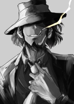 Rule 34 | 1boy, black hair, black hat, black jacket, cigarette, commentary request, covered eyes, facial hair, fedora, goatee, grey background, hat, hat over eyes, highres, jacket, jigen daisuke, long sleeves, lupin iii, male focus, medium hair, michiochan3160, mouth hold, necktie, shirt, sideburns, sideburns stubble, simple background, smile, smoke, smoking, solo, stubble, teeth
