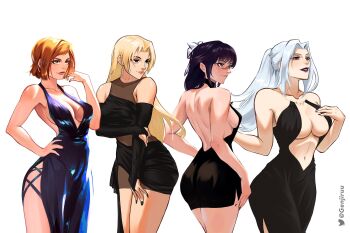4girls bare_hips black_dress black_nails blonde_hair breasts brown_hair butterfly_necklace cocktail_dress dress genjiruu hand_on_own_chest hand_on_own_hip highres iori_utahime jewelry jujutsu_kaisen kugisaki_nobara large_breasts mei_mei_(jujutsu_kaisen) multiple_girls necklace ponytail red_lips short_hair tsukumo_yuki_(jujutsu_kaisen) twitter_username white_hair