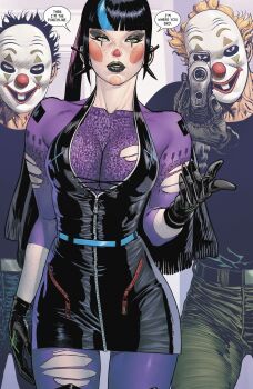 1girl 2boys batman_(series) black_gloves black_hair blush_stickers breasts capelet clown_mask commentary dc_comics dress ear_piercing english_commentary gloves green_eyes guillem_march gun henchmen highres introduction makeup mask multicolored_hair multiple_boys official_art piercing ponytail punchline_(dc) purple_shirt shirt speech_bubble third-party_source tomeu_morey torn_clothes two-tone_hair weapon zipper zipper_dress