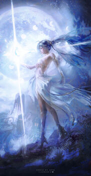 1girl absurdres ahoge ancient_greek_clothes armlet artist_name bare_shoulders blue_hair bracelet breasts commentary crescent english_commentary english_text full_body full_moon glowing greco-roman_clothes high_heels highres iuno_(wuthering_waves) jewelry laurel_crown long_hair medium_breasts moon night night_sky object_floating_above_hand sky solo ui_uiiiiiiiii wuthering_waves