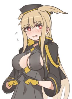 1girl beret black_gloves black_hat black_jacket black_one-piece_swimsuit blonde_hair blush breasts choker cleavage cleavage_cutout clothing_cutout fate/grand_order fate_(series) gloves hat head_wings highres hood hooded_jacket jacket kopaka_(karda_nui) large_breasts long_hair long_sleeves looking_at_viewer one-piece_swimsuit open_clothes open_jacket open_mouth red_eyes sidelocks swimsuit thrud_(fate) thrud_(swimsuit_assassin)_(fate) valkyrie_(fate) wings