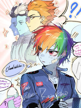 Rule 34 | 1boy, 1other, 3girls, alternate hair length, alternate hairstyle, animification, aqua skin, bandage on cheek, blue hair, blue jacket, blue skin, bottle, colored skin, commentary, english text, fleetfoot (equestria girls), fleetfoot (my little pony), goggles, goggles on head, highres, holding, holding bottle, jacket, multicolored hair, multiple girls, my little pony, my little pony: equestria girls, my little pony: friendship is magic, orange hair, orange skin, out of frame, personification, pink eyes, profile, rainbow dash, rainbow dash (equestria girls), rainbow hair, short hair, soarin, speech bubble, spitfire (equestria girls), spitfire (my little pony), sunglasses, thought bubble, tomboy, untranslatable commentary, water bottle, white hair, xiao shi nu zhi nu