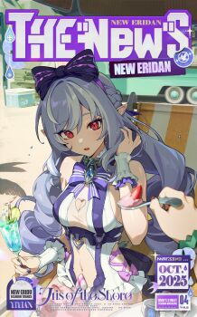 2girls bare_shoulders belle_(summer_skies)_(zenless_zone_zero) belle_(zenless_zone_zero) blush bow breasts clothing_cutout commentary drill_hair english_commentary english_text hair_bow highres long_hair looking_at_viewer medium_breasts mole mole_under_eye multicolored_hair multiple_girls navel official_alternate_costume official_art one-piece_swimsuit pointy_ears purple_bow purple_hair red_eyes solo_focus stomach_cutout streaked_hair swimsuit vivian_banshee vivian_banshee_(iris_of_the_shore) zenless_zone_zero