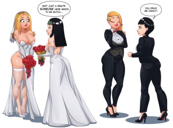 2girls absurdres alternate_hairstyle american_dad! areola_slip ass black_hair blonde_hair bouquet bow bowtie breasts cleavage closed_eyes commentary covered_navel crossdressing crossdressing_(ftm) crossed_arms dress english_commentary english_text flower formal_clothes francine_smith hayley_smith headband high_heels highres holding holding_bouquet incest large_breasts lips lipstick long_hair makeup meme mother_and_daughter multiple_girls omiiverse rose shoes side_cut simple_background smile someone_here_needs_to_be_butch_(meme) speech_bubble suit thick_thighs thighhighs thighs wedding_dress white_background wife_and_wife yuri