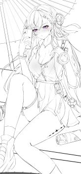 1girl absurdres blush bra_visible_through_clothes braid braided_bangs breasts can cellphone cleavage commentary_request drink_can earrings hair_ornament hand_up high-waist_skirt highres holding holding_phone hot id_card jewelry knee_up korean_commentary large_breasts lastfor lineart long_hair lynae_(wuthering_waves) necklace oil-paper_umbrella parted_lips phone purple_eyes see-through_clothes see-through_shirt shirt shirt_tucked_in sitting skirt skull_hair_ornament smartphone solo star_(symbol) star_earrings sweat sweatdrop tacet_mark_(wuthering_waves) thigh_strap thighs umbrella wuthering_waves