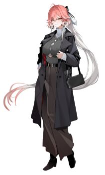 1girl absurdres alternate_costume black_bow black_coat black_shoes bow braid breasts bright_pupils brown_skirt changli_(wuthering_waves) closed_mouth coat commentary full_body hair_between_eyes hair_bow hair_extensions hair_ornament hand_in_pocket highres large_breasts long_hair long_skirt looking_at_viewer multicolored_hair orange_eyes oxooxo666 pink_hair ring_hair_extensions shoes simple_background skirt smile solo tacet_mark_(wuthering_waves) twin_braids two-tone_hair very_long_hair white_background white_hair white_pupils wuthering_waves