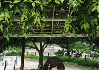 1girl absurdres black_eyes black_hair branch canopy_(shelter) commentary_request day fence highres leaf looking_at_viewer mouth_out_of_frame original outdoors park path road scenery solo straight-on tree trellis uniunimikan