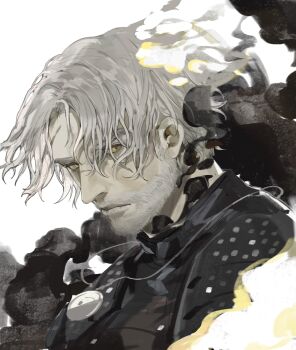 1boy absurdres beard black_shirt closed_mouth facial_hair geralt_of_rivia highres looking_at_viewer male_focus old old_man portrait shirt short_hair simple_background smoke solo the_witcher_(series) the_witcher_3 upper_body white_background white_hair yellow_eyes youamo