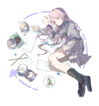 Rule 34 | 1girl, absurdres, bang dream!, bang dream! it's mygo!!!!!, black socks, blue flower, brown shoes, cake, character doll, chihaya anon, chinese commentary, commentary request, doll, flower, food, green necktie, grey jacket, grey skirt, hair spread out, haneoka school uniform, highres, if happiness is a circle (meme), jacket, kaname raana, long hair, lying, meme, mygo!!!!! (bang dream!), nagasaki soyo, naiping kele, necktie, on side, paper, parted bangs, pink hair, plate, school uniform, shiina taki, shirt, shoes, simple background, skirt, smile, socks, solo, takamatsu tomori, white background, white shirt