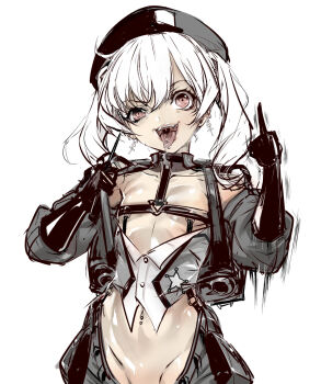 1girl :d barbell_piercing black_gloves collarbone commentary_request constricted_pupils covered_erect_nipples crazy_eyes earrings eyelashes female_focus flat_chest gloves groin hair_between_eyes hands_up head_tilt highres jewelry lips loli long_hair long_sleeves looking_at_viewer middle_finger motion_lines navel navel_piercing open_mouth original out-of-frame_censoring piercing q_azieru ringed_eyes sheriff_badge shiny_skin simple_background sketch smile solo speed_lines standing stomach tongue tongue_out tongue_piercing twintails uneven_eyes uvula white_background white_hair